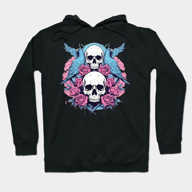 Double Skull With Flowers and Birds Hoodie by TOKEBI